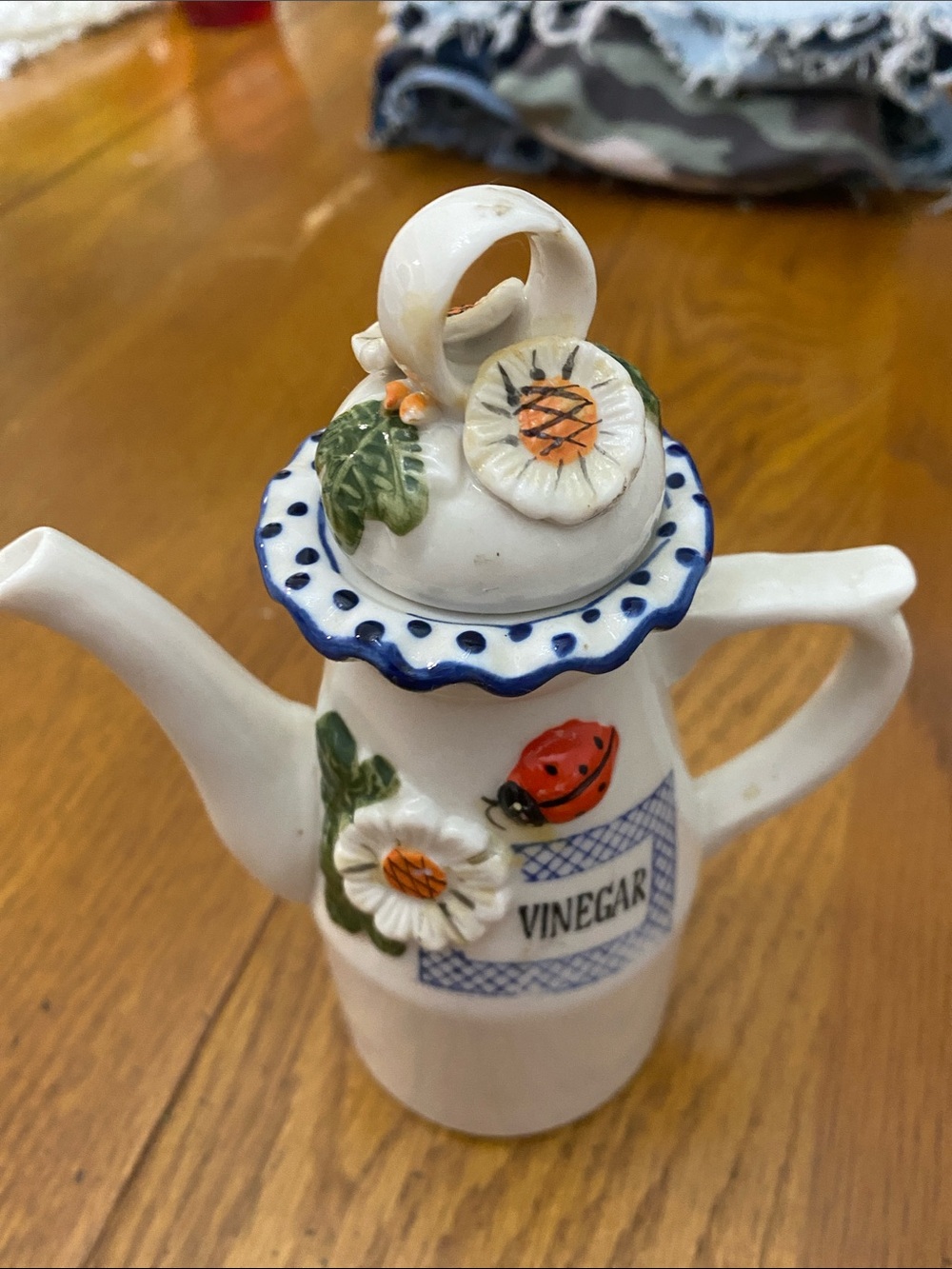 White Ceramic Vinegar Cruet with Floral & Ladybug Design